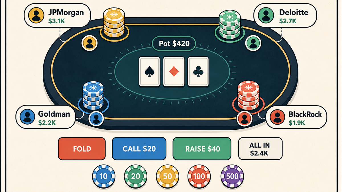 Illustrated company poker table with readable company chip stacks